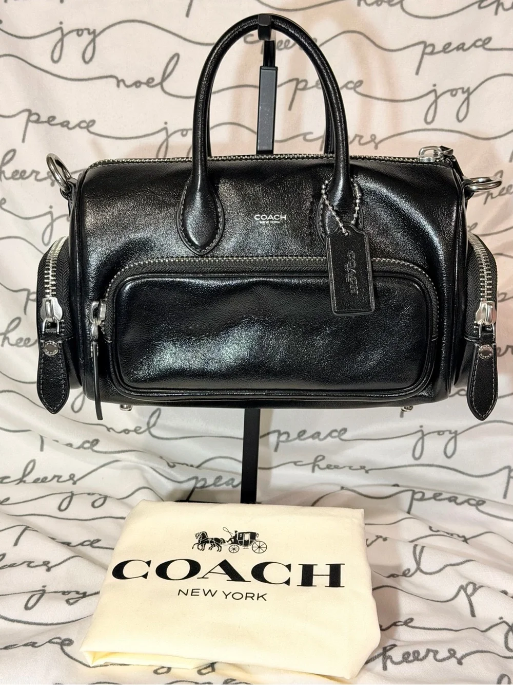 Coach Compass 25 with Pockets in Black Glazed Leather NWT